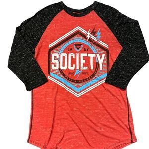 Society Mens Medium Black and Red Baseball Style 3/4 Sleeve Shirt